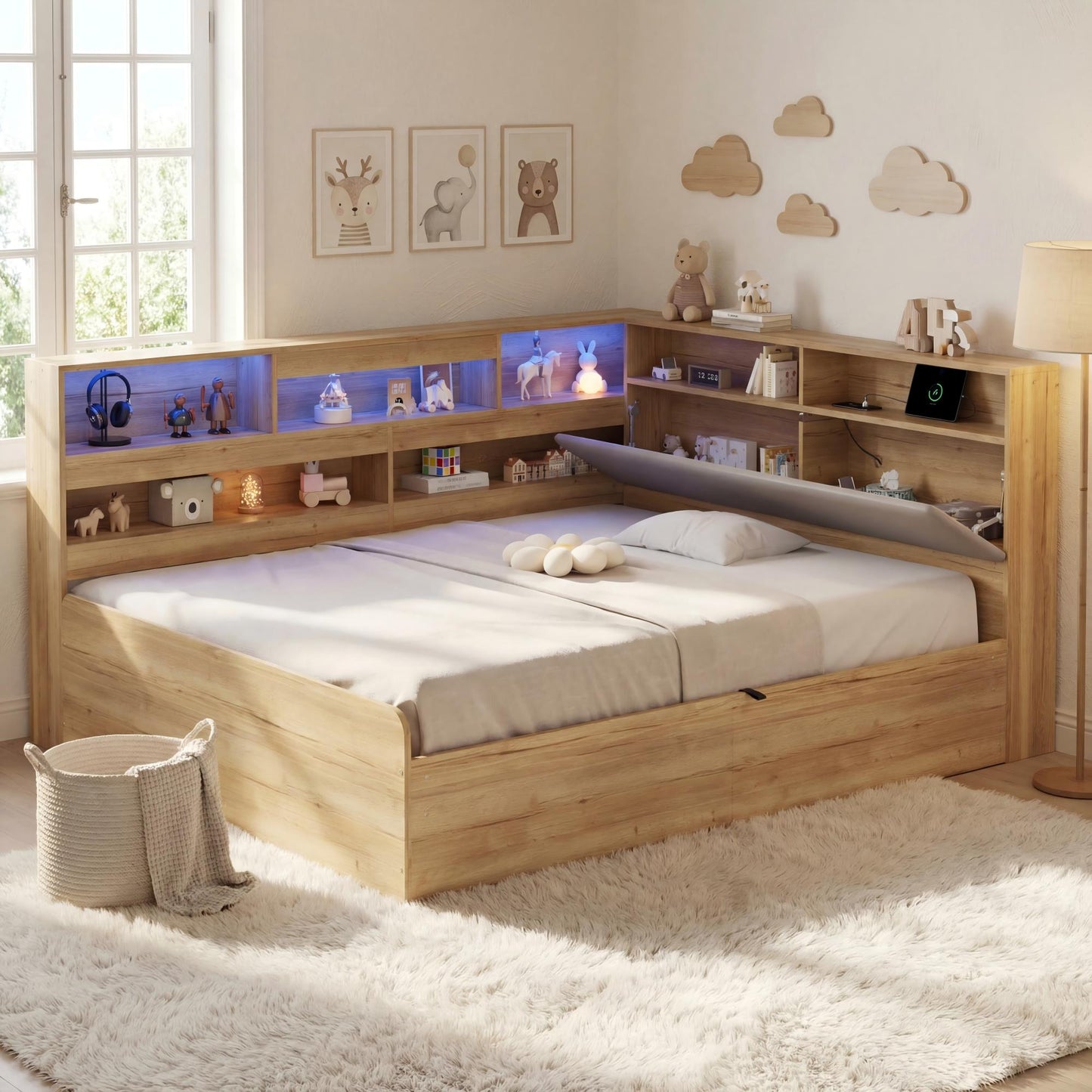 Daybed, Hydraulic Storage Bed, Children's Bed 140x200cm, Wooden Bed, Youth Bed, With USB Charging Station And LED Lighting, Natural Colour