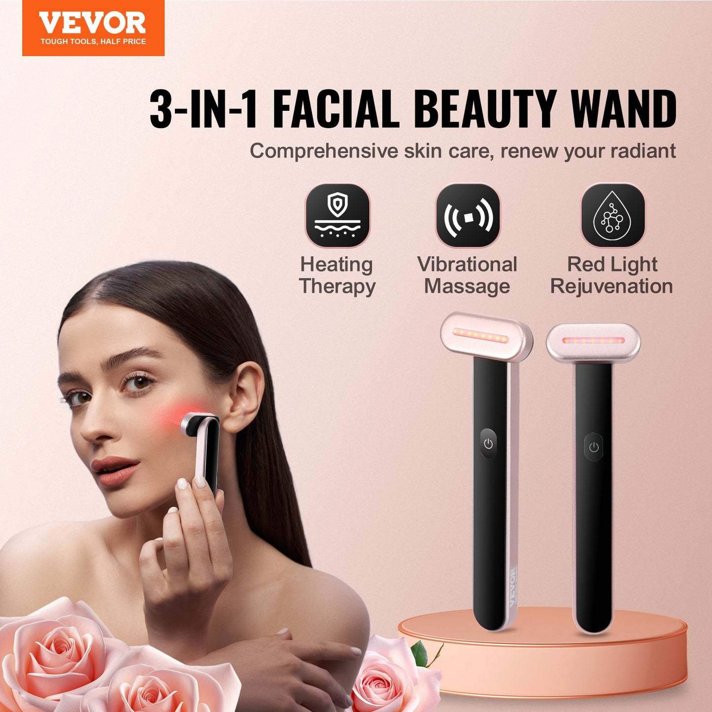 Red Light Therapy Wand For Face And Neck, 3-in-1 LED Facial Wand Red Light Therapy Device With Heating Therapy| Vibrating Facial Massage, Portable LED Beauty Wand