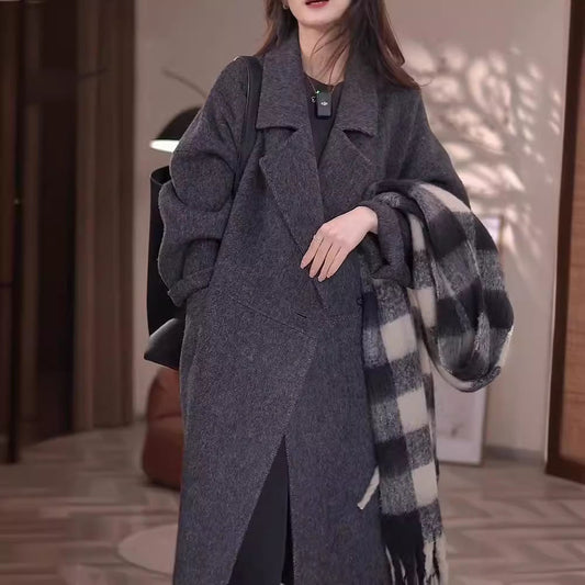 Womens Relaxed-fit Korean-style Wool Coat With Horn Buttons