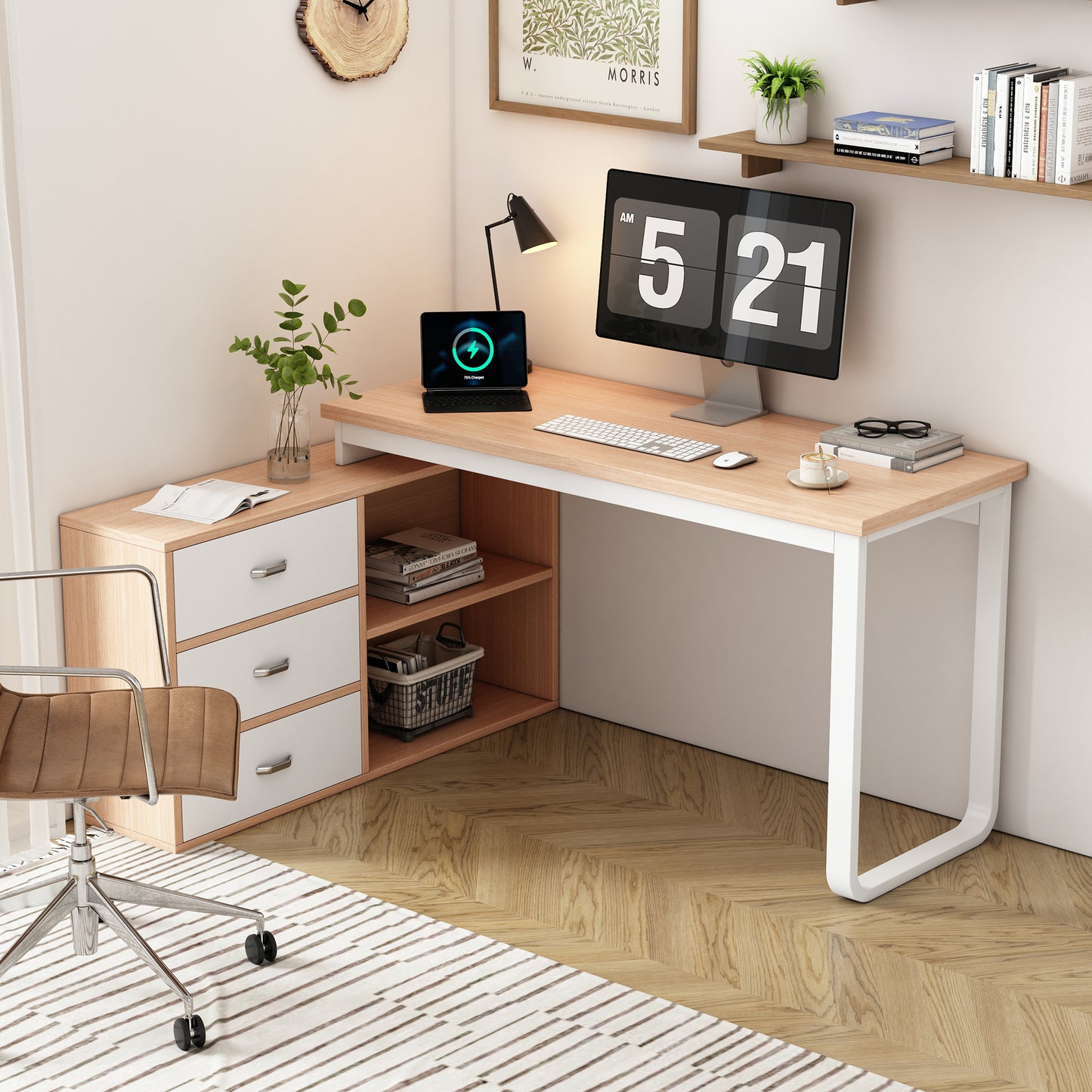 Simple Desk, Office Desk, Three Drawers, Two Open Storage Compartments, Solid Steel Tube, Wide And Thick Table Top, Stable Load Capacity, Natural