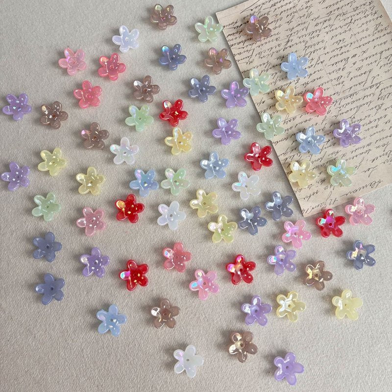 Translucent Jelly 5-Petal Star Flower Beads, AB Iridescent Center-Hole Spacers For DIY Vintage Hair Sticks, Earrings & Jewelry Making.