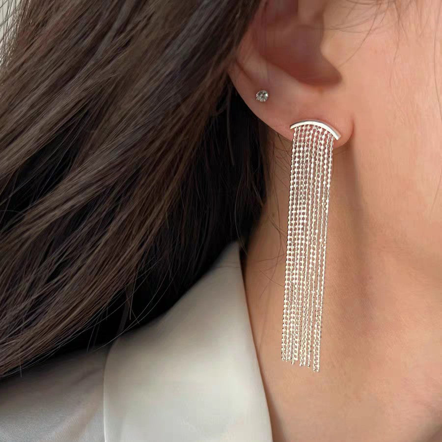 1 Pair 999 Sterling Silver Curved Beaded Long Tassel Earrings, Minimalist & Elegant, Perfect For Daily, Party & Dating, Ideal Valentine's Gift