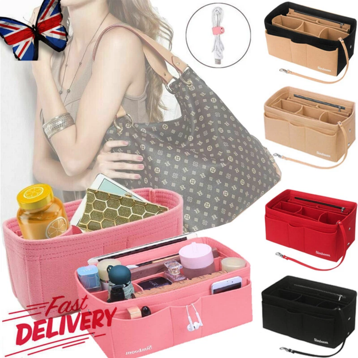 Ladies Felt Travel Makeup Bag Insert Liner Purse Pouch Women Organizer Handbag