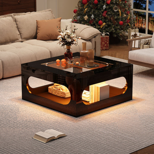 70x70x35cm Square Living Room Table, Hollowed Out Coffee Table In Middle, Tea Table With Tempered Glass Top,High Gloss LED Living Room Side Table,Christmas Party Table,Black, MDF