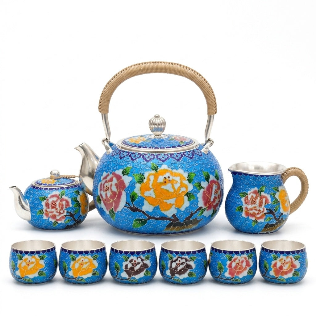 925 Sterling Silver Blue Enamel Floral Tea Set with Bamboo Handles - Handicraft