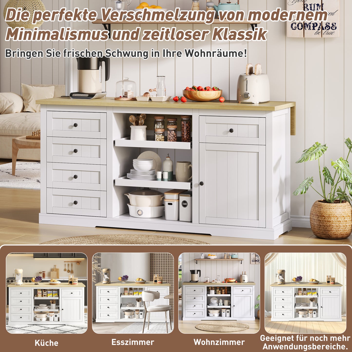 Sideboard, Kitchen Island, Bar Cabinet With 5 Drawers, 2 Pull-out Shelves, Foldable Extension Plate And Integrated Sockets, For Kitchen, Dining Room And Living Room, White, 150x65x75 Cm