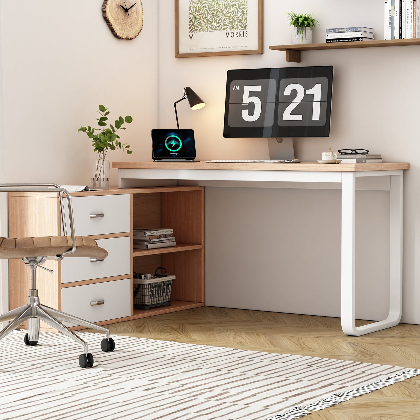Simple Desk, Office Desk, Three Drawers, Two Open Storage Compartments, Solid Steel Tube, Wide And Thick Table Top, Stable Load Capacity, Natural