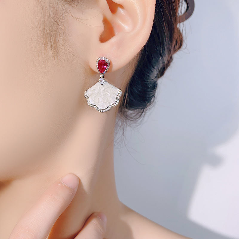 Niche Light Luxury Drop Earrings For Women, Teardrop Blush Tone Simulated Zirconia & Fan Shell Tone Inlay Ear Jewelry Full Pave Shiny Rhinestone Fashion Accessories