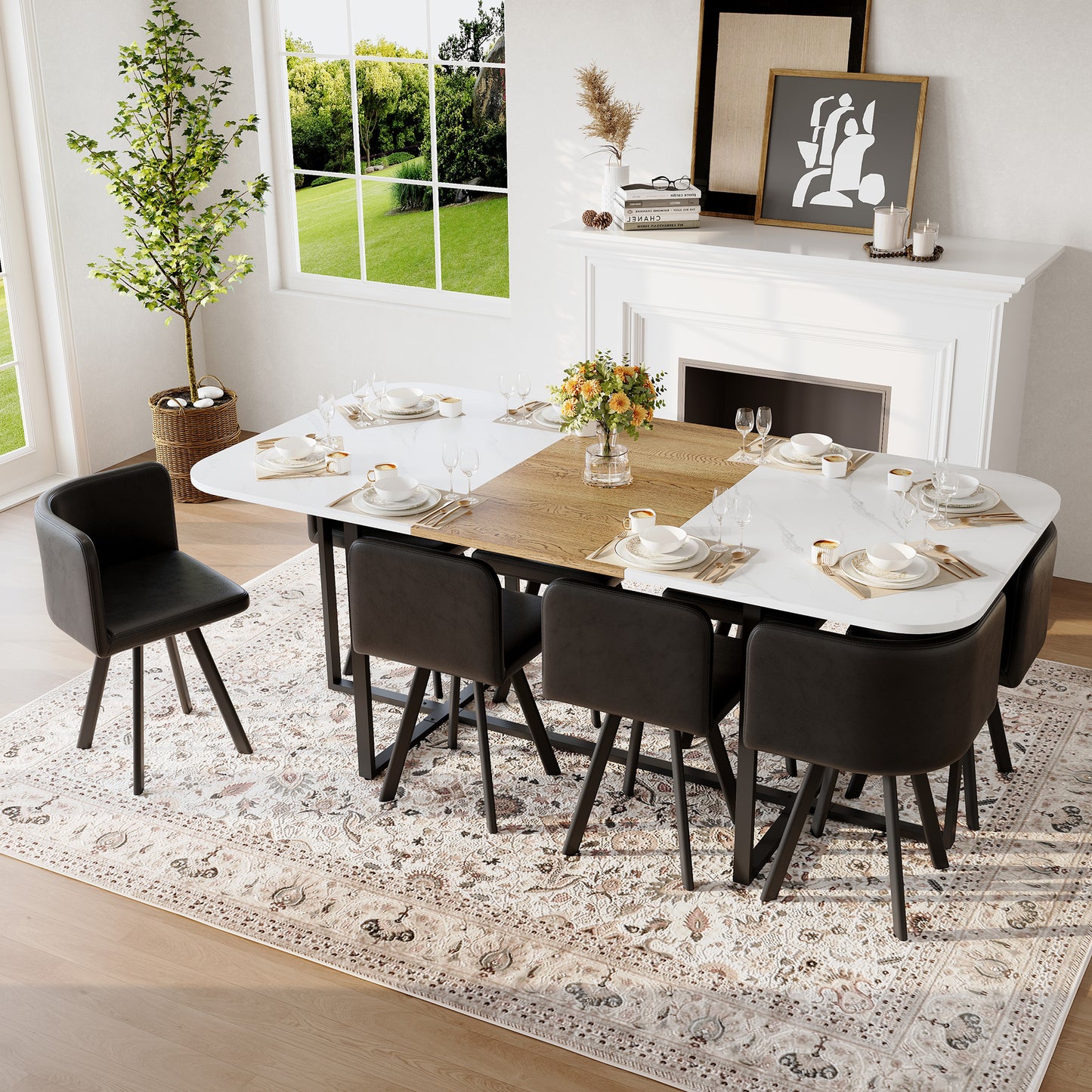 9-Piece Square Dining Table Set, Fixed White Faux Marble & Wood Grain Triamine Tabletop With 8 Black Faux Leather Chairs, Modern Kitchen Table Set For 8 People, Ideal For Family Gatherings