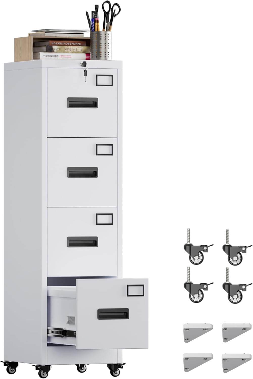 METAN 4 Drawer Vertical File Cabinet On Wheels, Lockable Office Files Storage Cabinet With Handle And Name Card,Mobile Storage Cabinet For Office And Home,Assembly Required,White