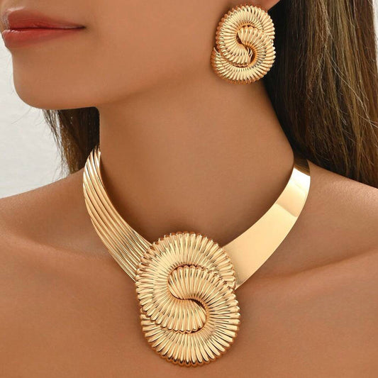 Cross-border European & American Women Jewelry Set, Unique Exaggerated Twisted Geometric Necklace & Threaded Earrings, High-end Versatile Matching Accessories