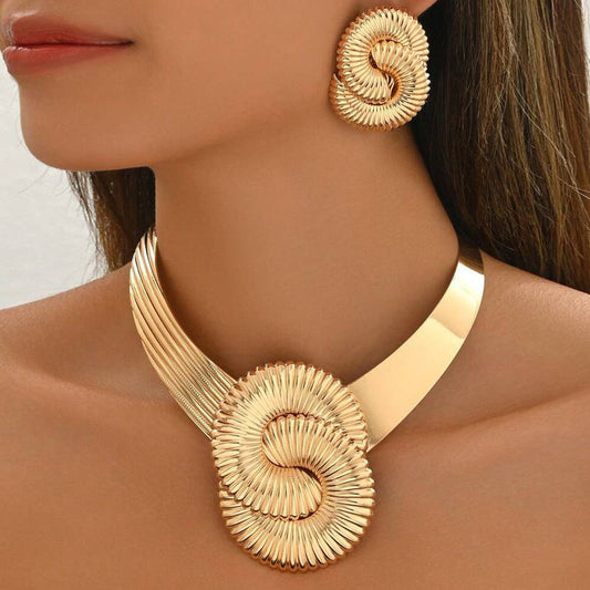 Cross-border European & American Women Jewelry Set, Unique Exaggerated Twisted Geometric Necklace & Threaded Earrings, High-end Versatile Matching Accessories