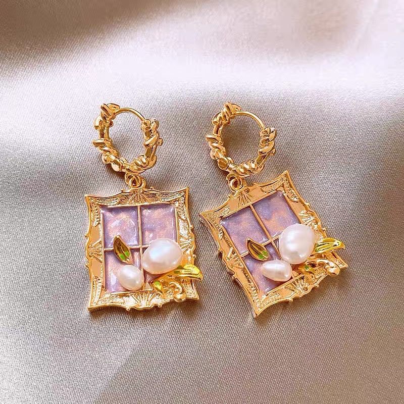 Korean Style Purple Earrings For Women Crystal Flower Rhinestone Studs Elegant Versatile