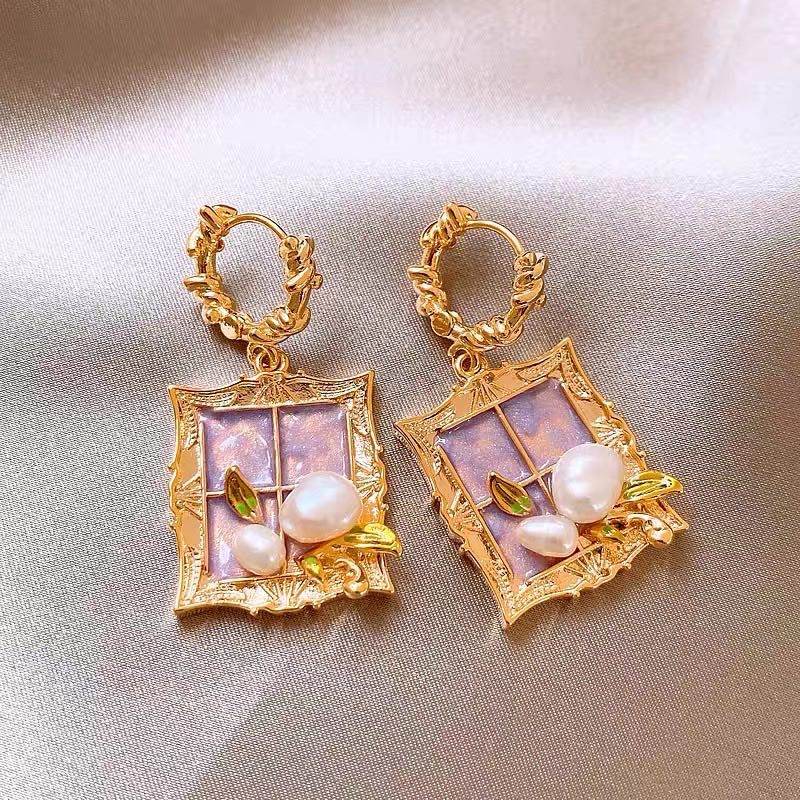 Korean Style Purple Earrings For Women Crystal Flower Rhinestone Studs Elegant Versatile