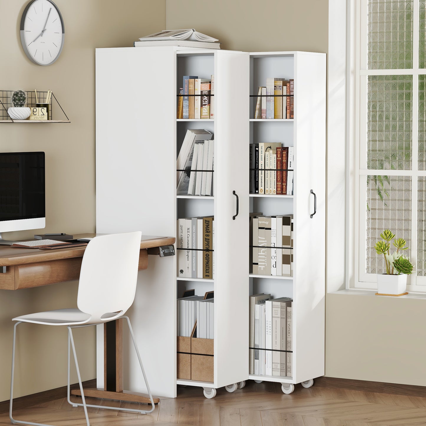 N880P3152289W  Expandable Bookcase With Castors - 4 Levels, Interchangeable Left And Right, MDF, 20 Kg Load Capacity Per Level, Can Be Used As A Shelf In The Bathroom, Kitchen Or Living Room, White