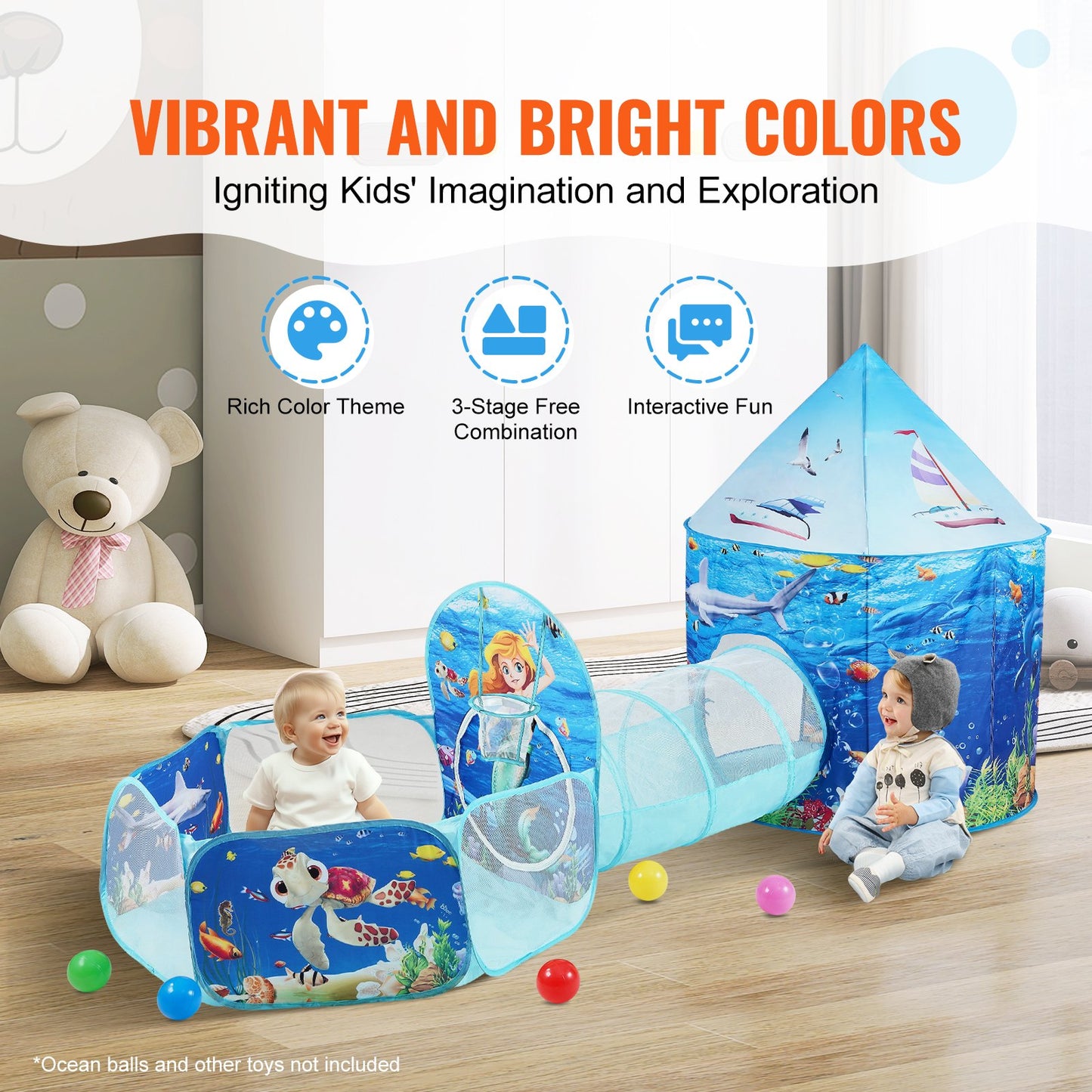 3 In 1 Kids Play Tent With Tunnel, Basketball Hoop For Boys, Girls, Babies And Toddlers, Indoor/Outdoor Pop Up Playhouse With Carrying Bag & Banding Straps Birthday Gifts, Blue Ocean