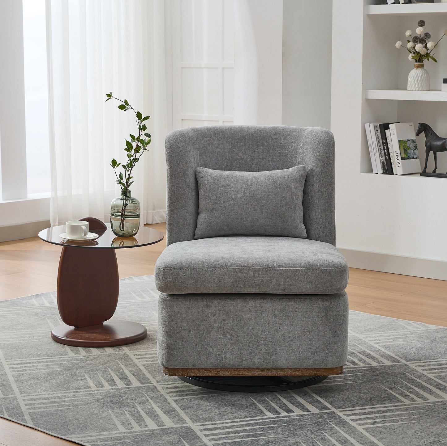 25.2  Wide Modern Chenille Cushioned Armless Metal Base 360 Swivel Chair With Pillow, Suitable For Living Room, Family Room, Bedroom, Lounge Area, Office.  Grey