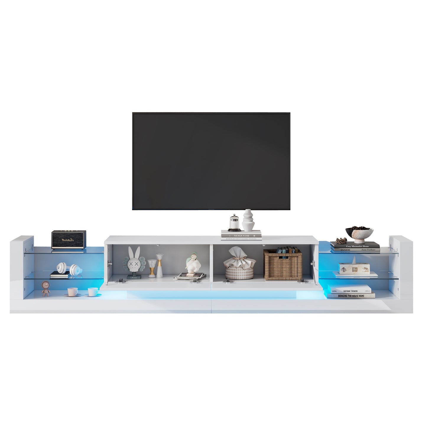 High-gloss TV Cabinet With LED Lighting, 181 Cm For TVs Up To 80 Inches, Glass Front, Two Fold-down Drawers