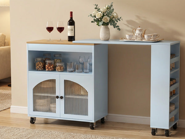Kitchen Island On Wheels With Extended Table MDF Rolling Kitchen Storage Cart With LED Light Power Outlets 2 Fluted Glass Doors Side 3 Open Shelves Blue US Plug