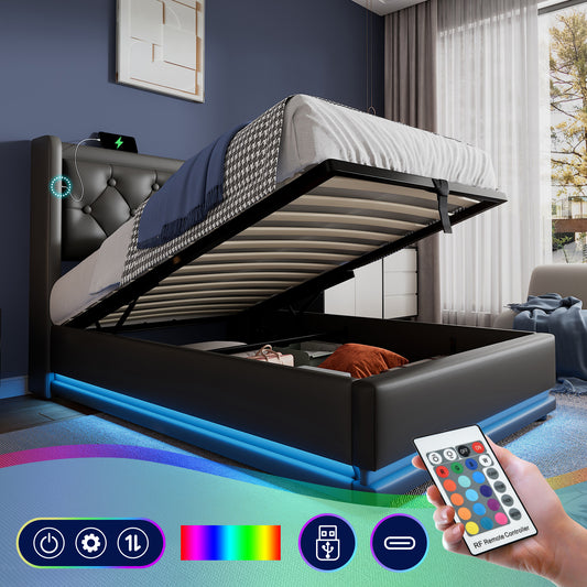 Sofa Bed Single Bed 90x200 Cm, Black PU Material Hydraulic Storage Bed, Cushioned Headboard With USB Type-C Charging Function, 3-sided LED Function  Without Mattress