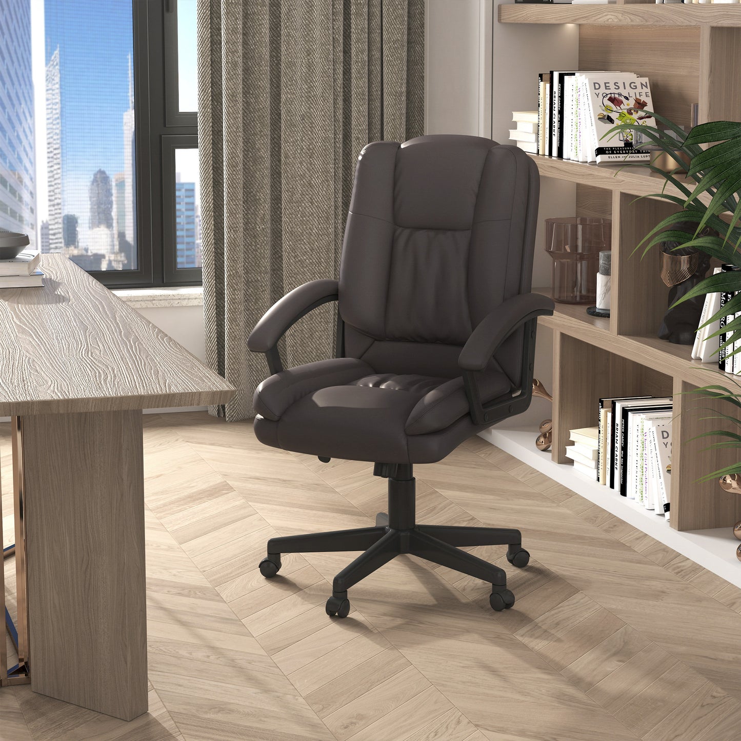 Office Chair, Computer Desk Chair, PU Leather Mid Back Executive Chair With Adjustable Height And Swivel Rolling Wheels For Home Study, Brown