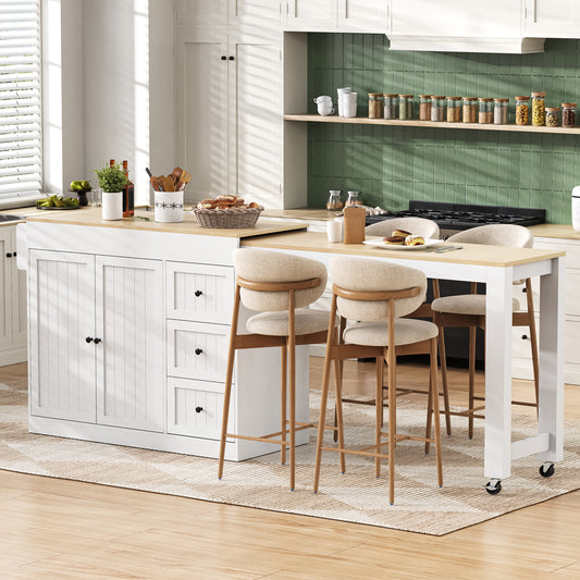 Kitchen Island On Wheels, Extendable Dining Area Kitchen Island With Spice Rack And Drawers, Mobile Kitchen Island Freestanding, Ideal For Kitchen And Dining Room  White