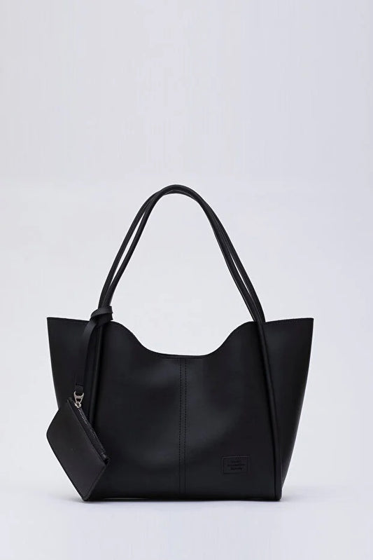 Black SHK108 Faux Leather Women Hand And Shoulder Bag With Wallet And Makeup Bag