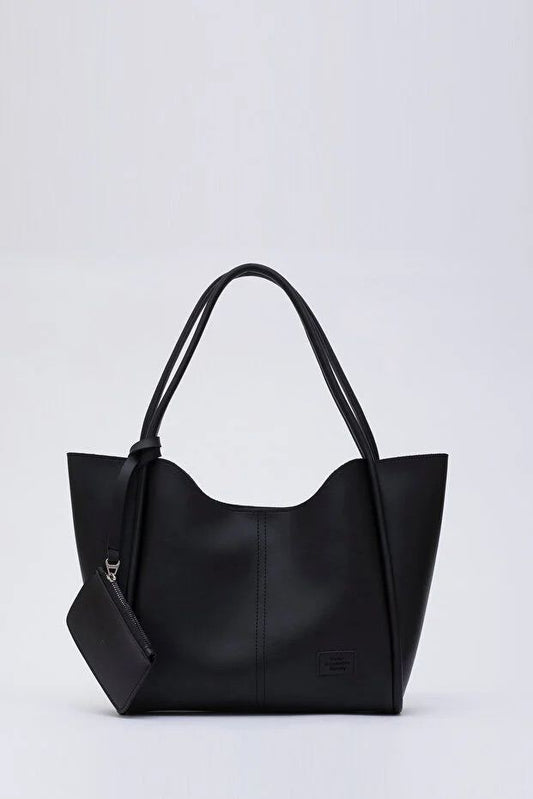 Black SHK108 Faux Leather Women Hand And Shoulder Bag With Wallet And Makeup Bag