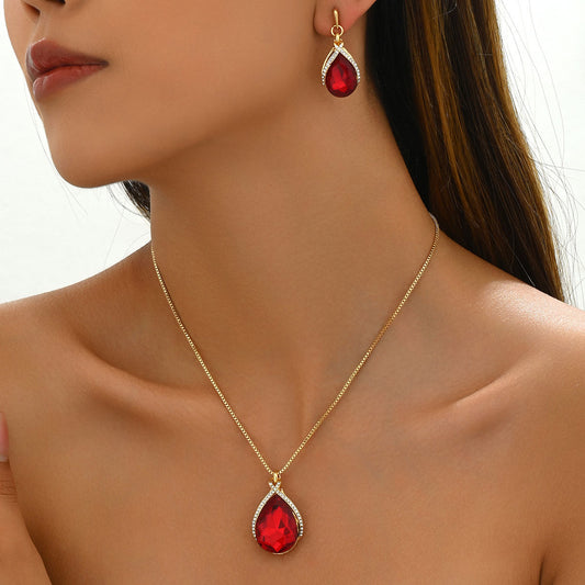 Ins Sweet Japanese Korean Women Jewelry Set, Niche Water Drop Dangle Earrings & Clavicle Chain, Geometric Design Inlaid Clear Synthetic Crystals
