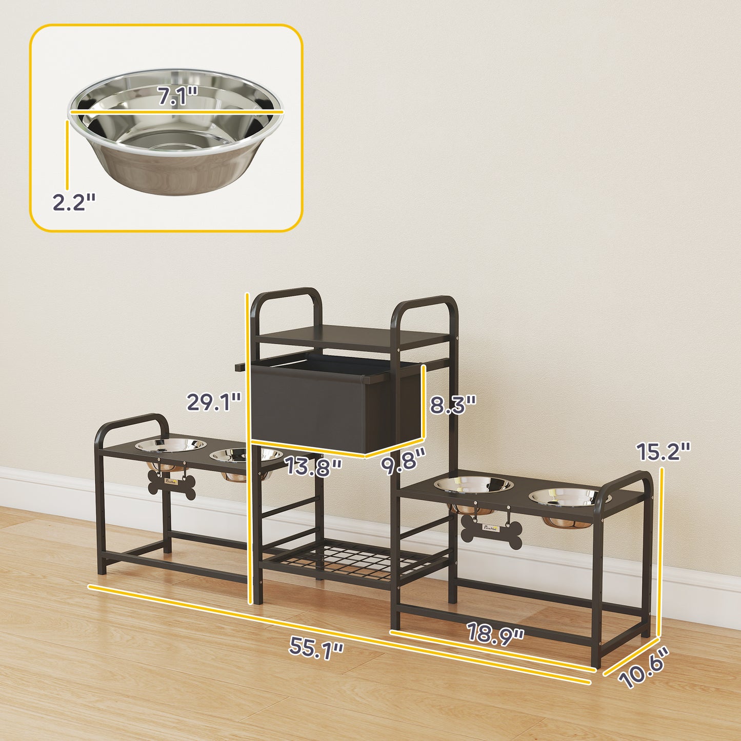 3 Height Adjustable Dog Bowl Stand With 2 Feeding Stations, Toy Bin Basket, Black