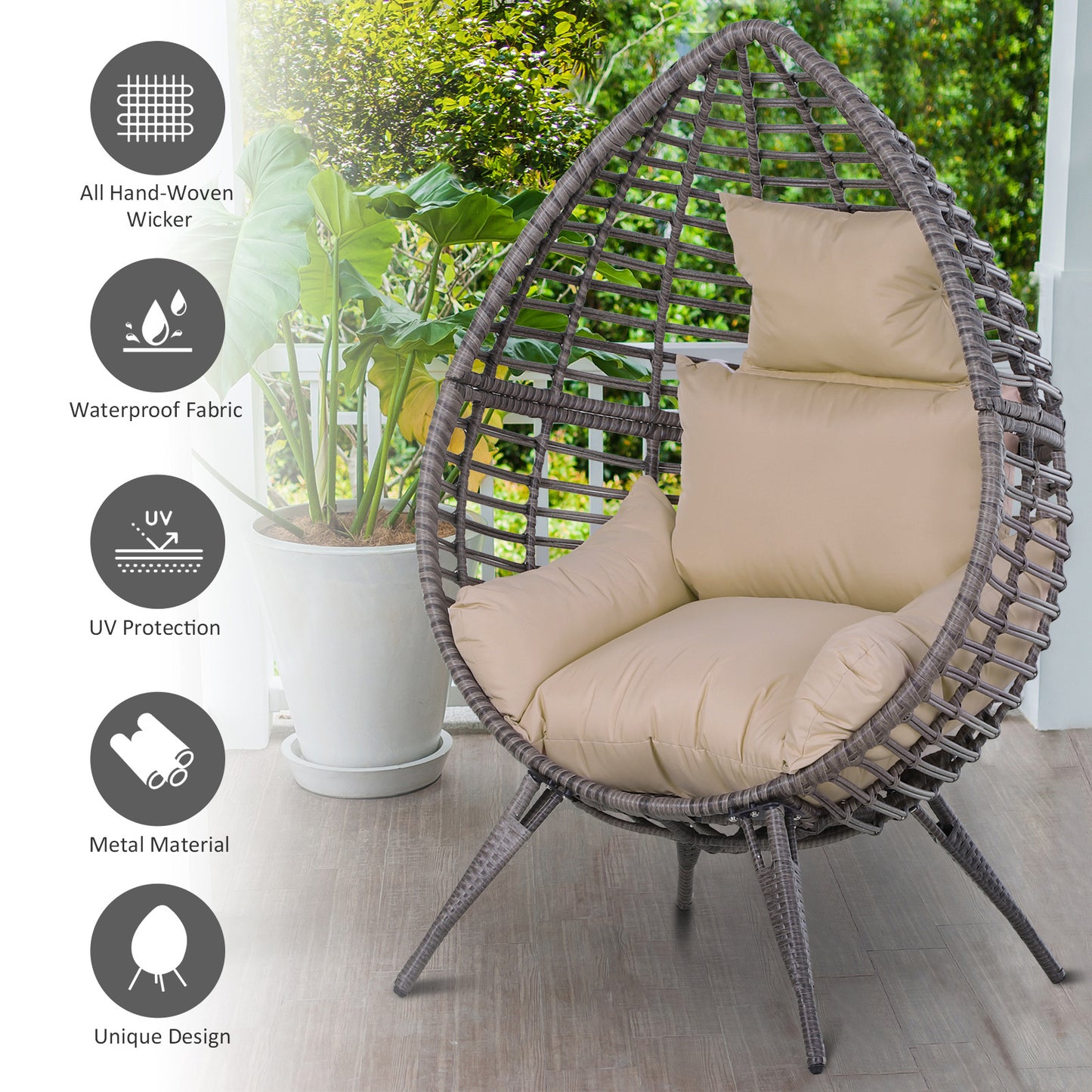 Garden Egg Chair, Teardrop Outdoor PE Rattan Chair With Full-body Soft Padded Cushion, Grey