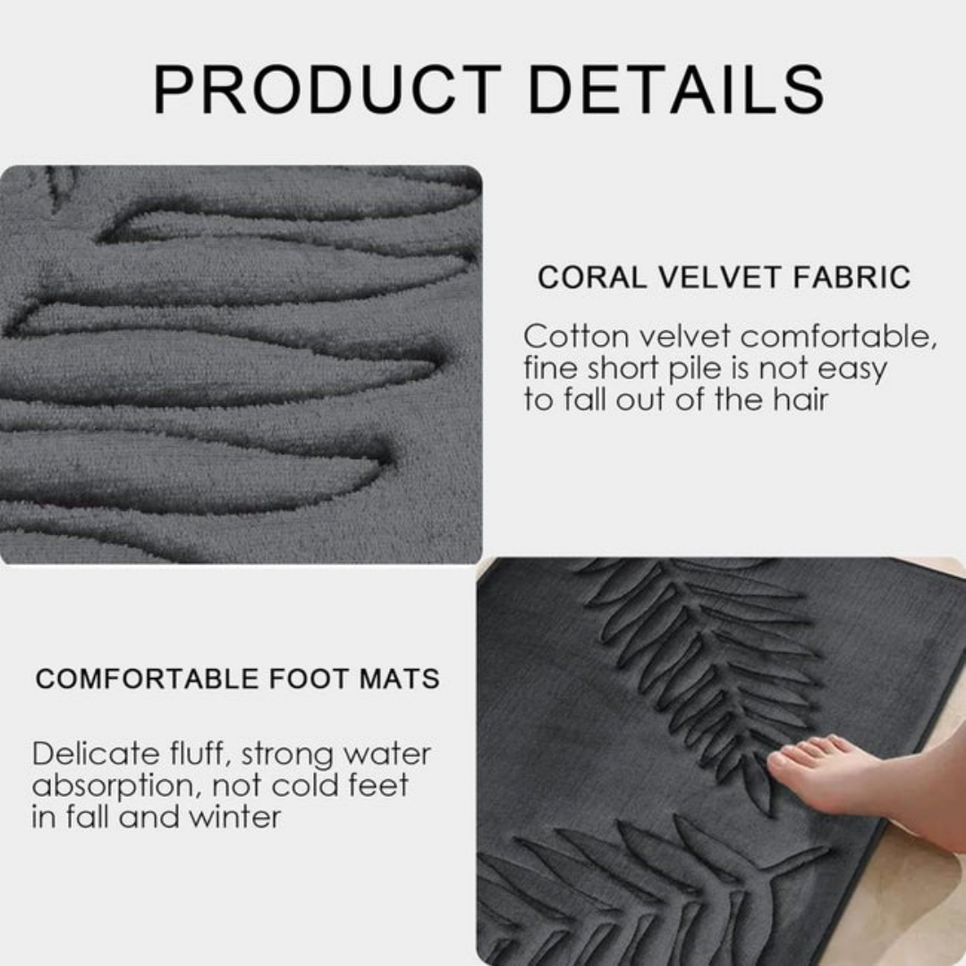 Non-slip Bath Mat 40 X 60 Cm, Thick And Absorbent, Memory Foam, Leaf Pattern - Dark Grey