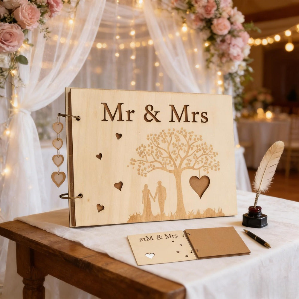 Mr. & Mrs. Guest Book For Wedding Anniversary – Wooden Design With Heart Motif For Romantic Occasions – Party Decor