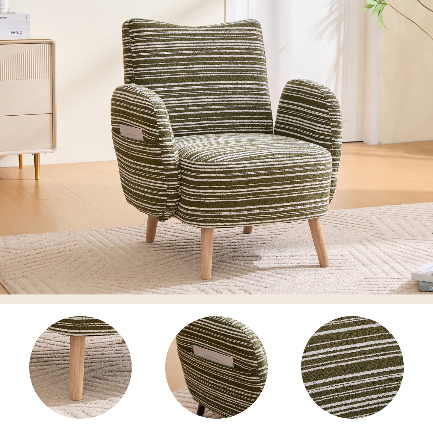 Modern Armchair, Fabric With Circle Pattern, With Side Pocket, Solid Wood Legs, Comfortable Reading Chair, Living Room, Bedroom, Office Olive Green Boucle