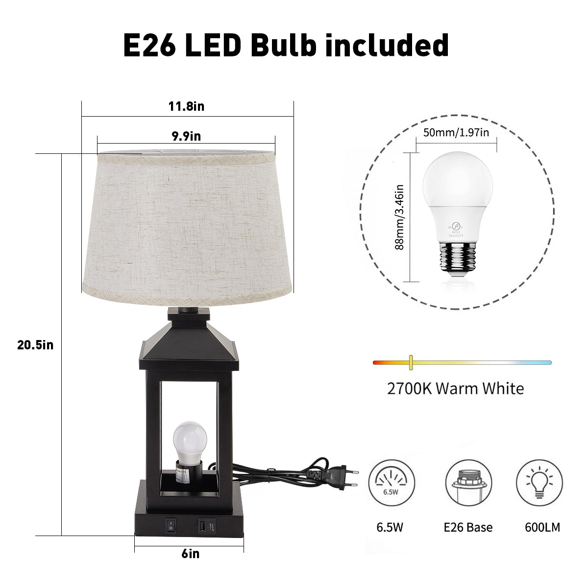 20.5in Black Farmhouse Bedside Table Lamp For Living Room, 3-Way Dimmable Touch Control Modern Nightstand Lamp With 2 Light For Bedroom, Home, Office Bulbs Included
