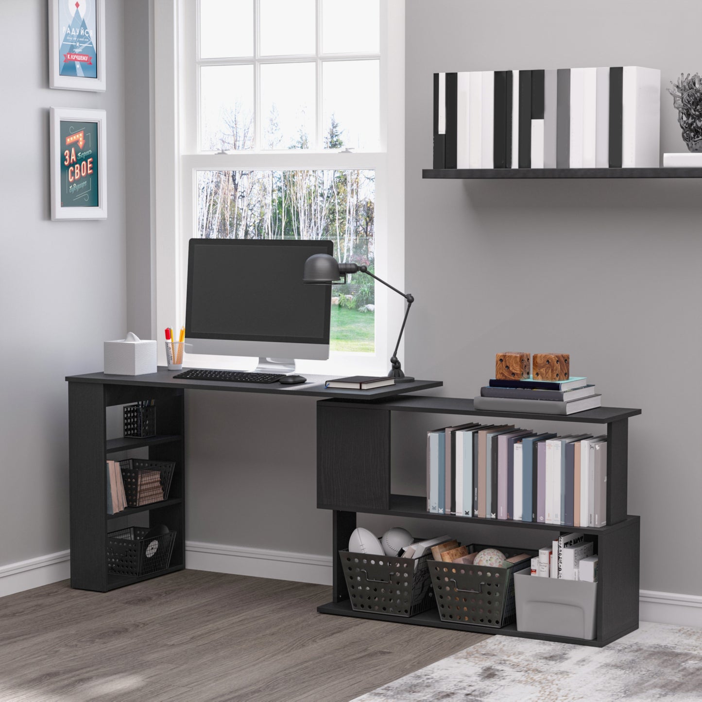 360° Rotating Home Office Desk L Shaped Corner Computer Desk With Storage Shelves, Writing Table Workstation, Black