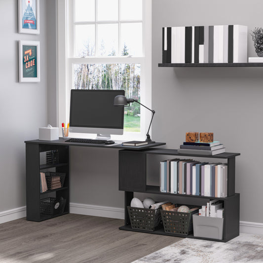 360° Rotating Home Office Desk L Shaped Corner Computer Desk With Storage Shelves, Writing Table Workstation, Black