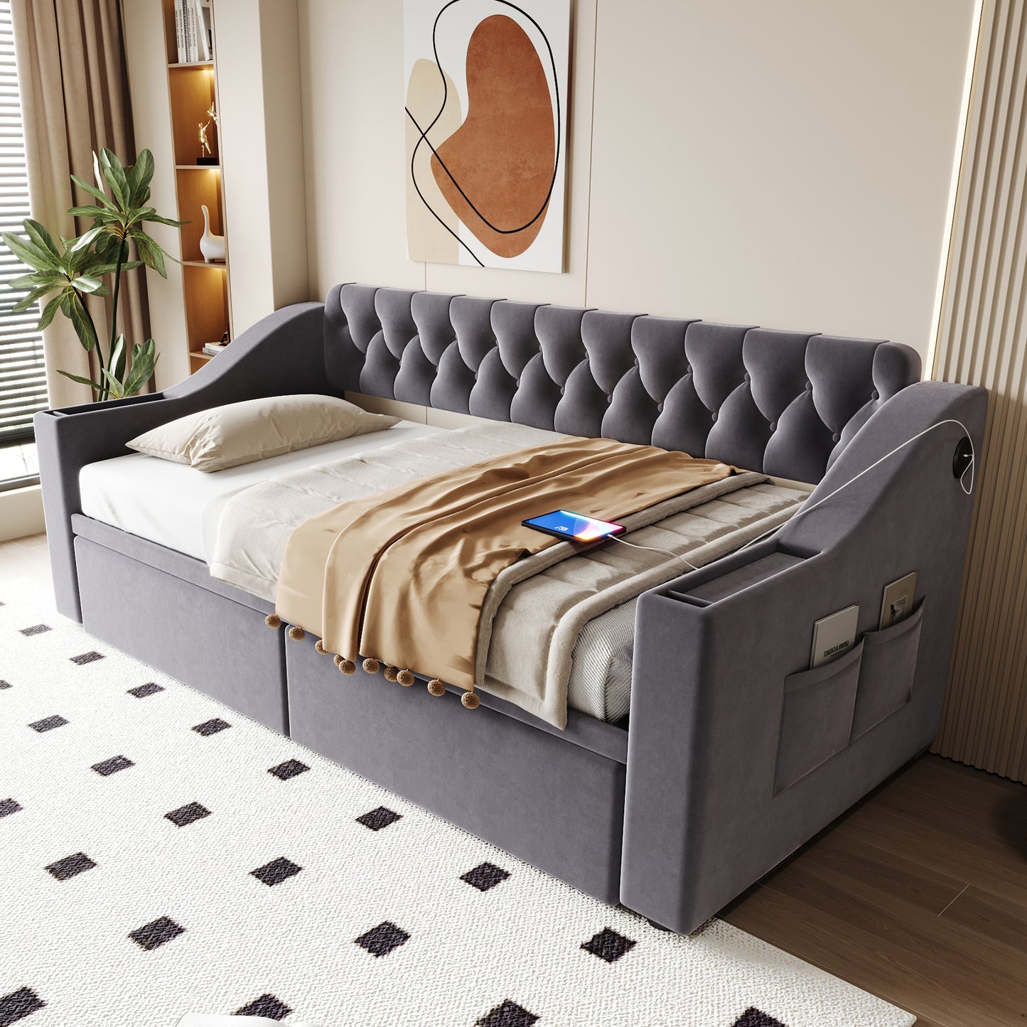 Upholstered Bed Sofa Bed 90x190 Cm, Wider And Thicker Armrests With USB Charging Port, Integrated Shelf In The Armrests, With Storage Pockets, With Storage Drawer, Velvet Fabric, Dark Grey