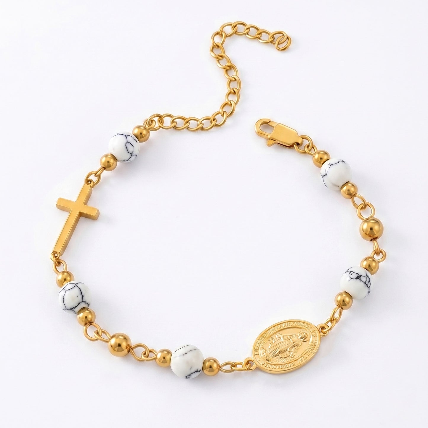 18K Gold Plated Stainless Steel Chain Bracelet For Women Natural Stone Beads Virgin Mary Miracle Medal Cross Bracelets Religious Catholic Jewelry Link Chain Gift