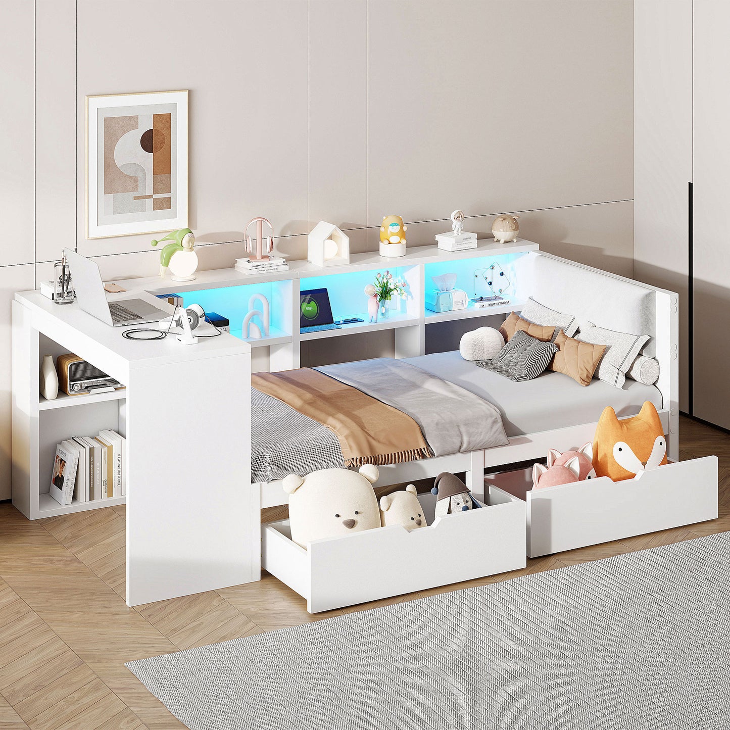 90x200 Wooden Platform Bed With Shelves, Drawers, Charging Station And Upholstered Headboard, With Colorful LED Lights, White