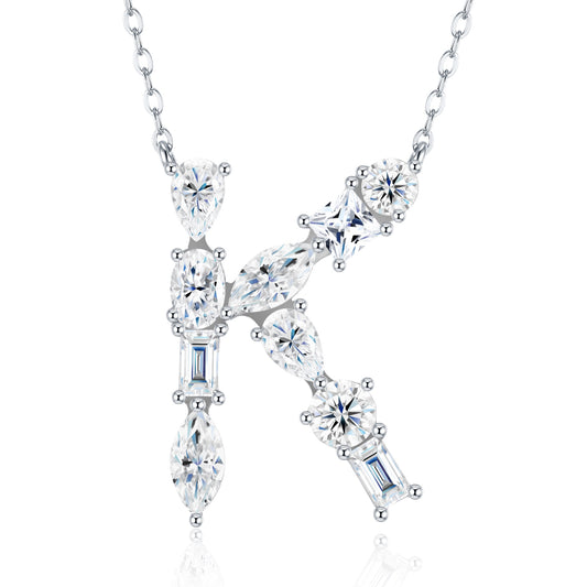 A Luxurious And Fashionable Light Luxury Trend Jewelry Silver Necklace Pendant Featuring 26 Letters - K Set With Top-quality Moissanite, Made Of S925 Silver Electroplated With Platinum.