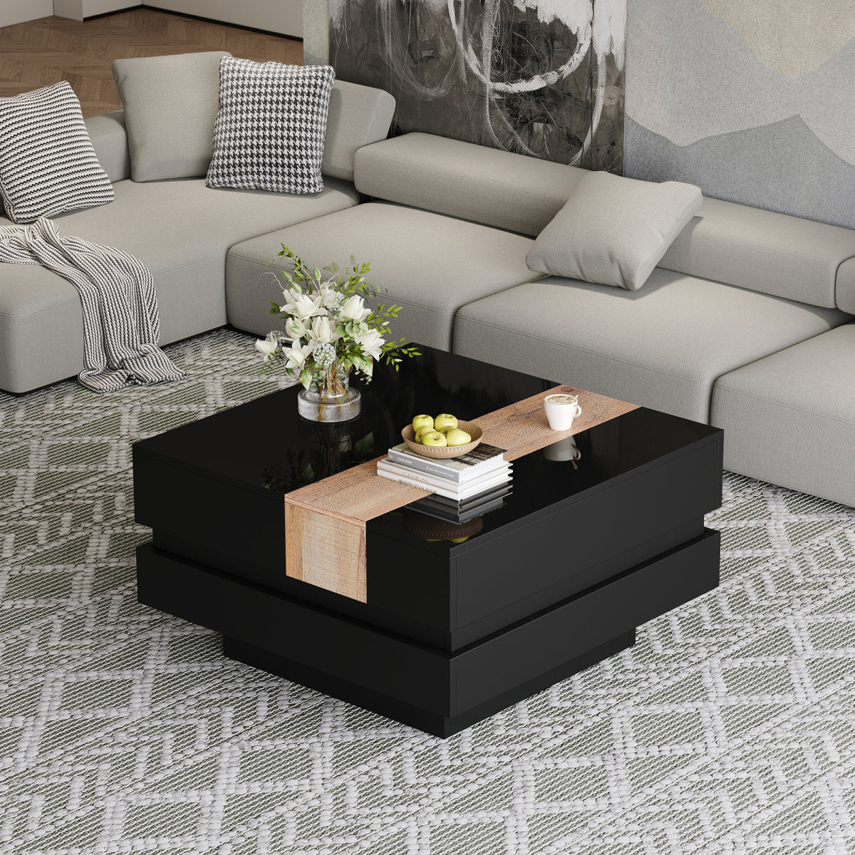 70x70x39cm Square Living Room Table,Extractable Coffee Table With Hidden Storage,Color Block Design Tea Table,High Gloss Living Room Side Table,Black,MDF