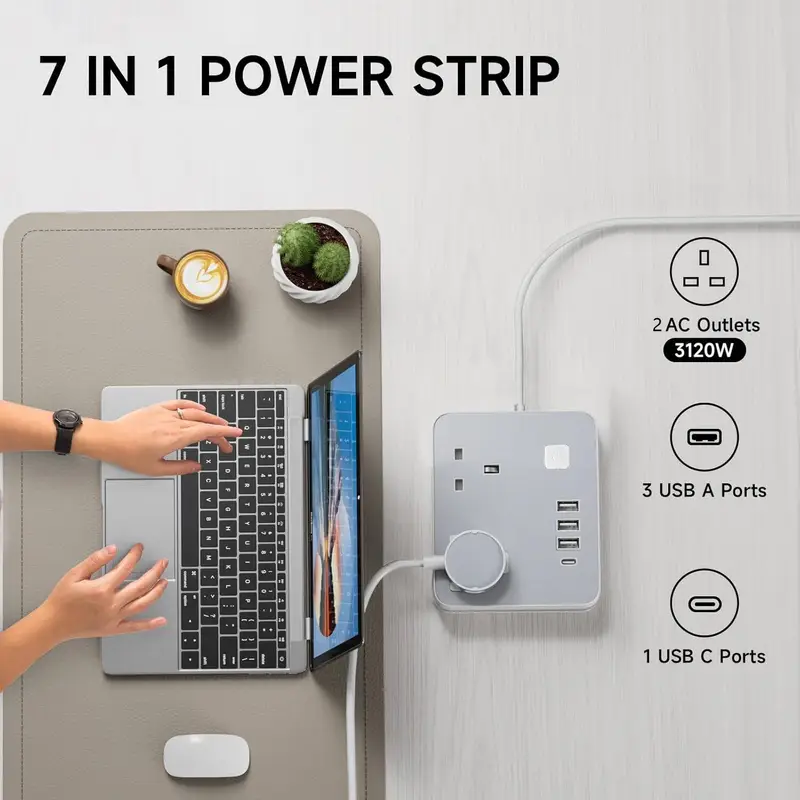 Wiselead YG2K4U 2-Socket Extension Lead With 4 USB 3.1A Smart Fast Charging Overload Protection 10A 240V