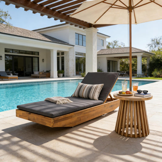 Acacia Wood Chaise Lounge With 2-Fold Thin Cushion - Teak Finish Outdoor Recliner With Dark Grey Water-Repellent Cushion, 79.6  L X 29  W, 300 Lbs