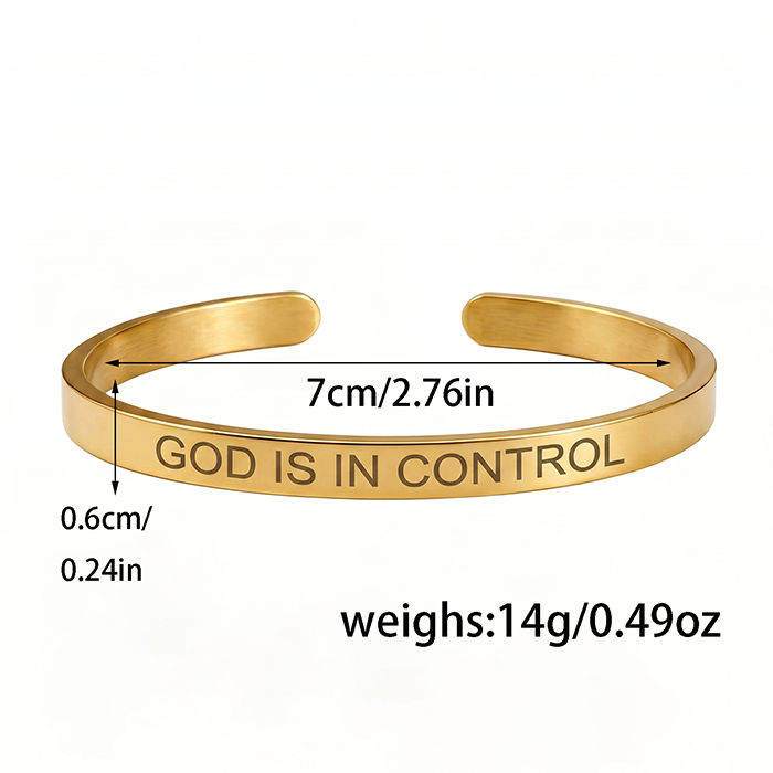 Engraved GOD IS IN CONTROL Open Cuff Bracelet For Men Women, Gold Silver Black Matte Stainless Steel Inspirational Christian Faith  Minimalist Gift Jewelry