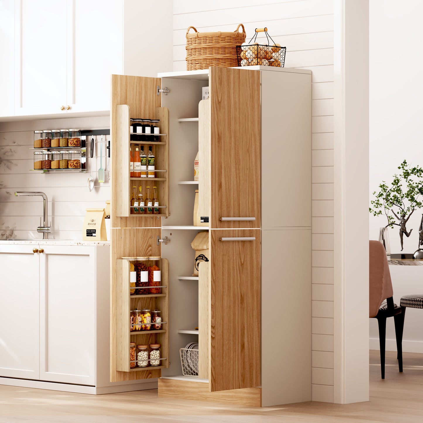 Kitchen Pantry Cabinet, Tall Kitchen Cabinet 4-door, Refrigerator-like Pantry Cabinet With Adjustable Shelves, Large Dining Cabinet With Metal Handles & Tilt Protection, 76x42x180cm, Oak Look