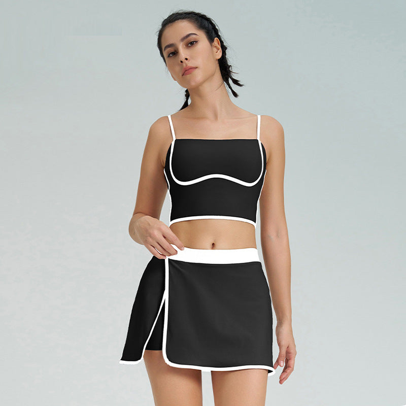 Padded Yoga And Fitness Tank Top With A Short Skirt Two-piece Set