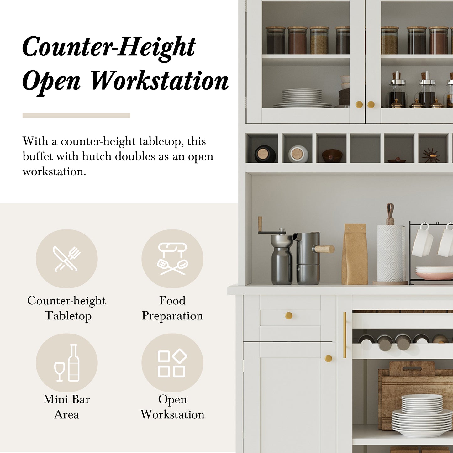 TOPMAx Farmhouse 35.4x17.7x74.8inch Freestanding Buffet With Hutch  Tall Kitchen Pantry Storage Cabinet With Wine Rack And Adjustable Shelves For Dining Room  White