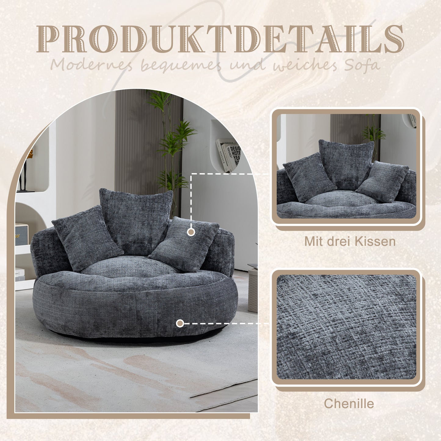 Lazy Sofa Durable Comfort Lounger High Back Bean Bag Chair Couch With Three Cushions For Adults And Kids, Indoor & Outdoor, Single Gaming Sofa Chair For Bedroom, Office  Gray Chenille