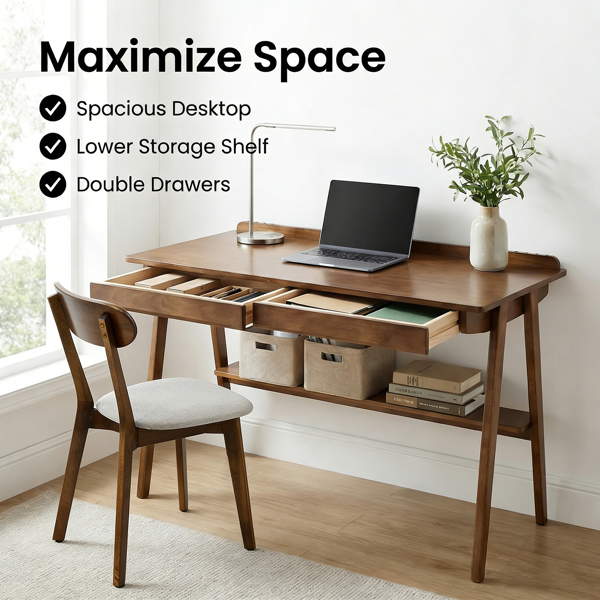 Solid Wood Writing Desk, Home Office Desk For Small Spaces, Mid Century Modern Desks With 2 Drawers & Storage Shelf, Standing Desk With Side Hooks For Study, Bedroom, Office  Walnut